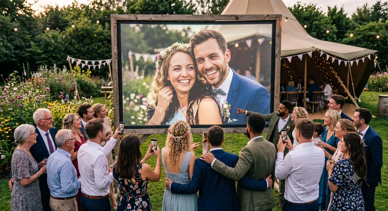 Couple looking at the Showwall projection with event photos